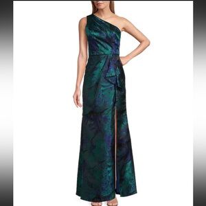 Adrianna Papell One-Shoulder Holiday Party Dress Emerald & Navy Metallic Size 8